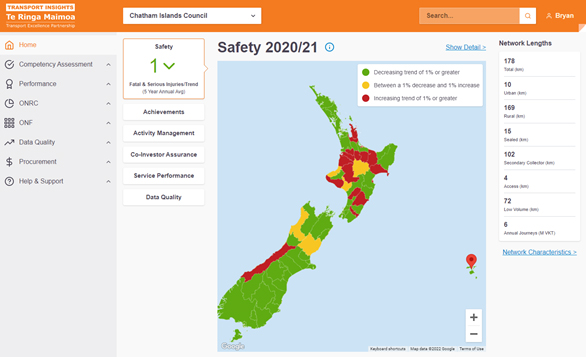 Screenshot from the Transport insights web portal showing a map of New Zealand