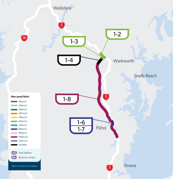 Map showing speed limits along SH1 between Puhoi and Warkworth