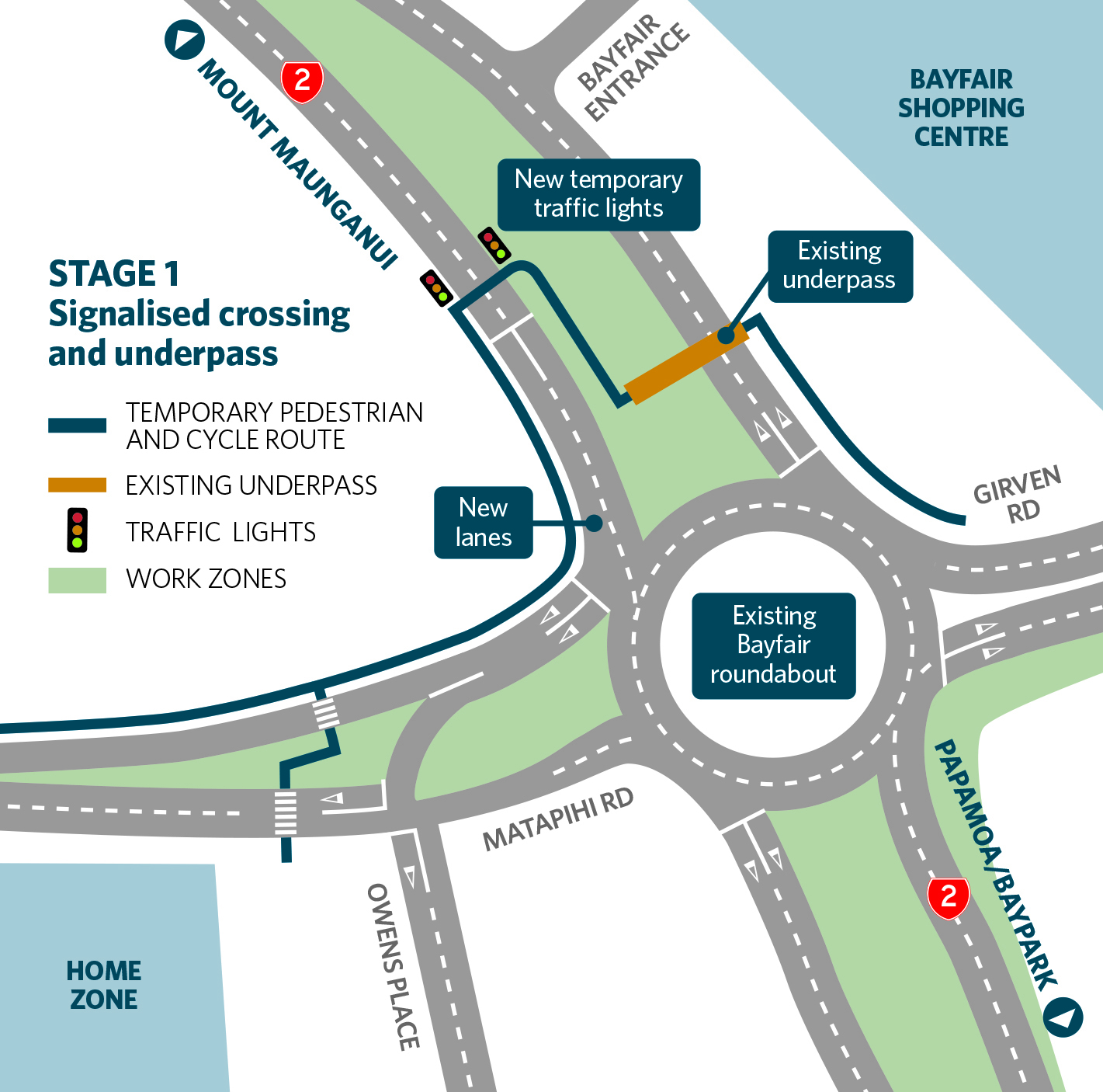 Illustrated map showing the placement of the temporary traffic lights on SH2 Maunganui Road.