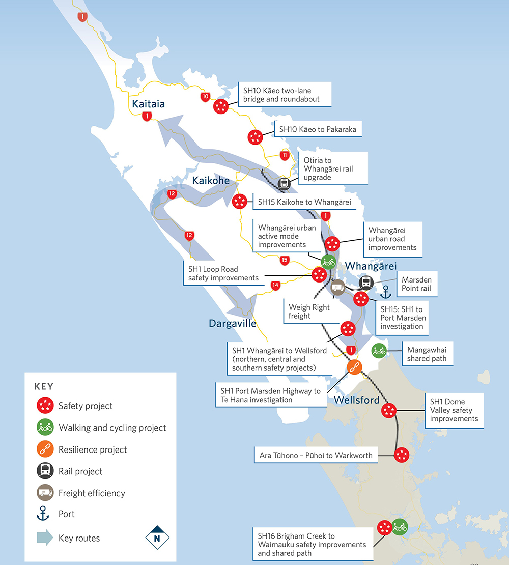 Map of Northland showing location of safety, walking and cycling, resilience, and rail projects.