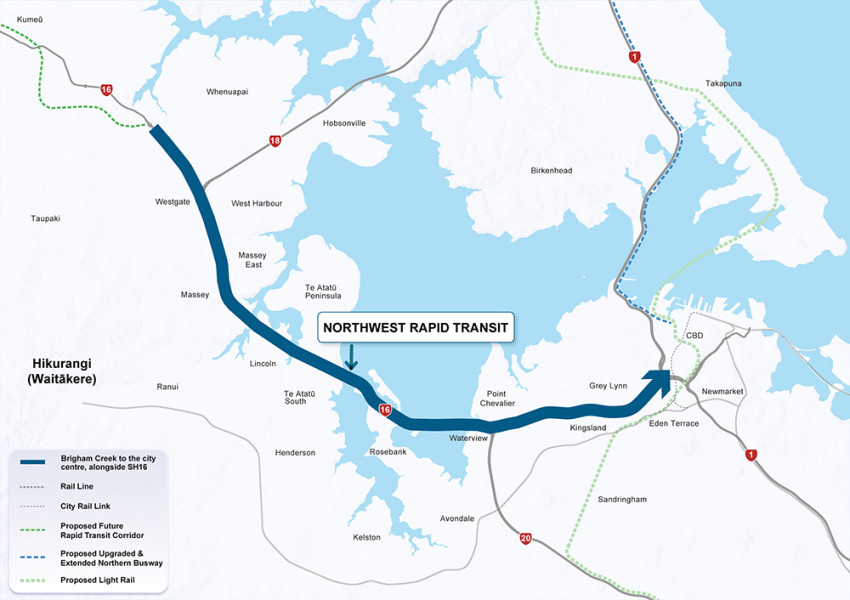 Map showing northwest rapid transit route along SH16 between Brigham Creek and Auckland city centre.
