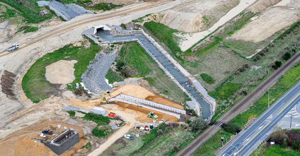 Aerial view of construction works around Bridge 8.