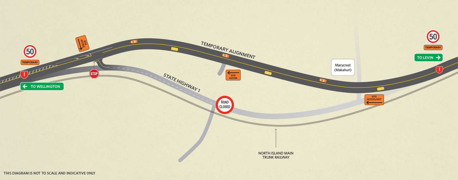 Illustrated map showing a temporary alignment road to the west of a closed State Highway 1 at Marycrest.