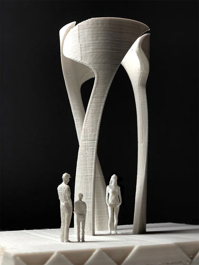 3D print of three people standing under a large sculpture