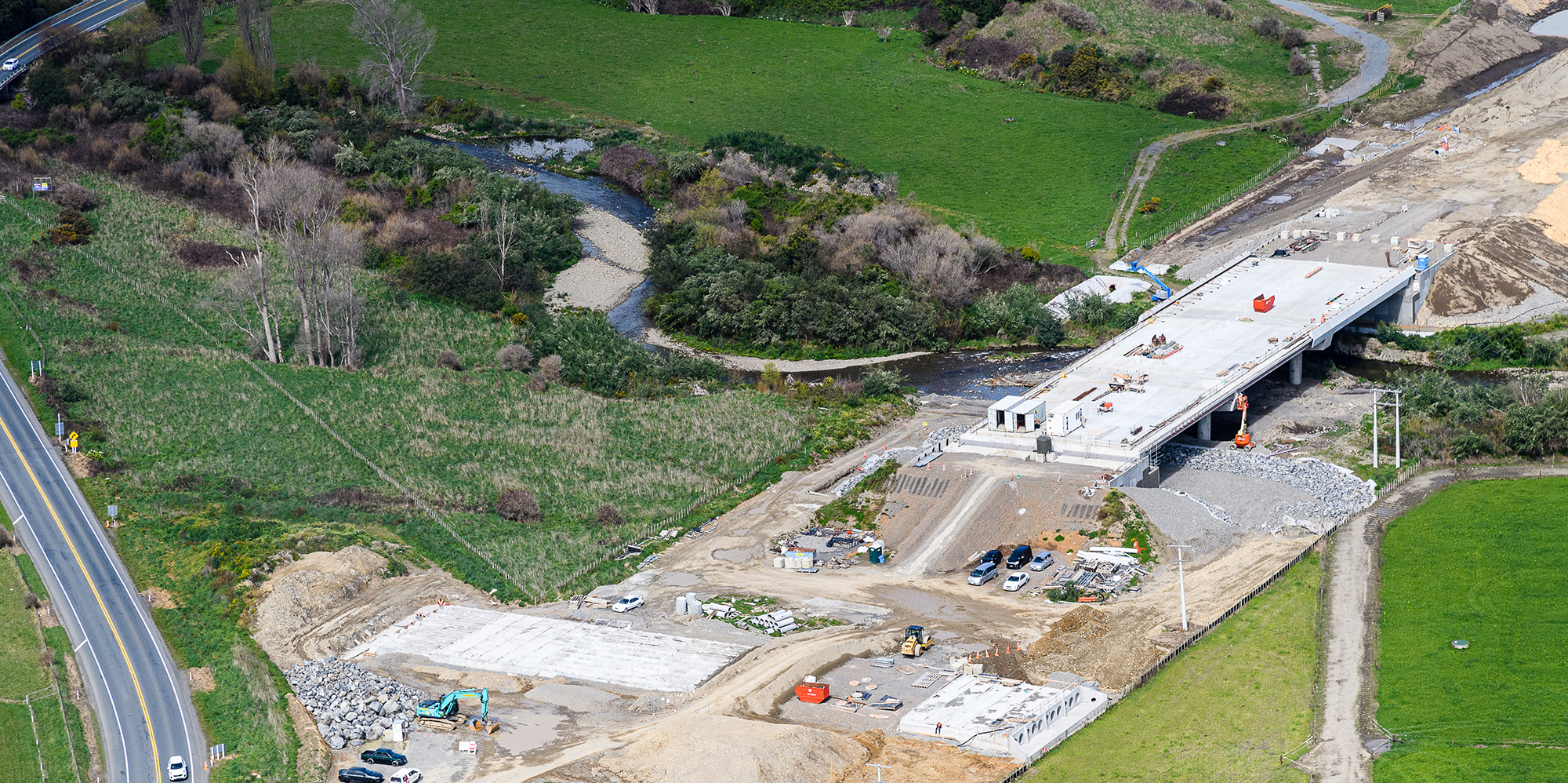 Aerial view of the new bridge spanning the Waitohu Stream.