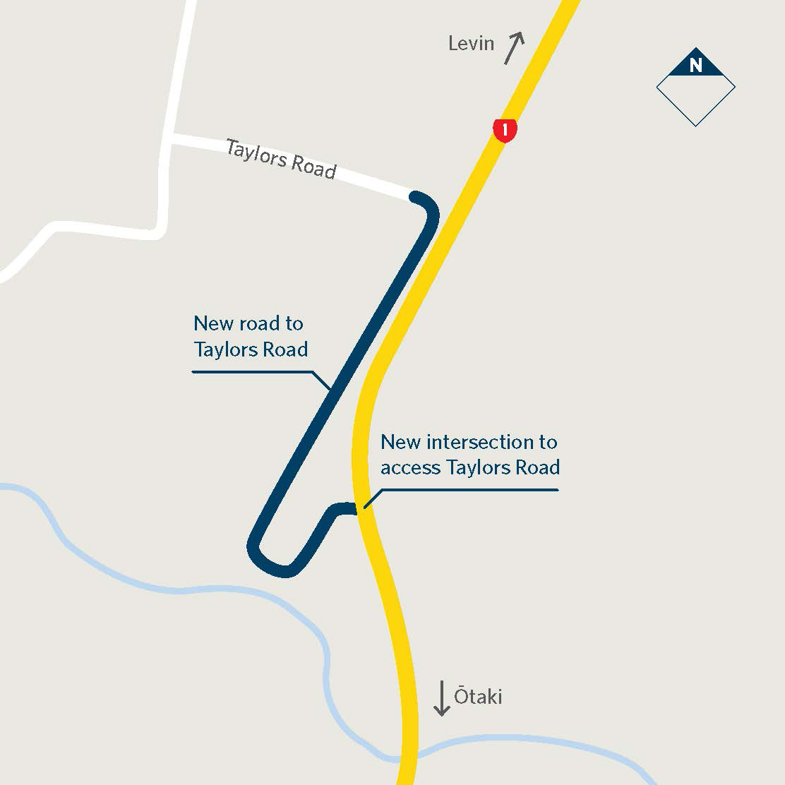 Location of new intersection to access Taylors Road in dark blue.