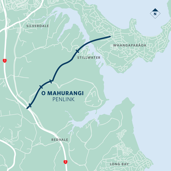 Graphic map of the O Mahurangi – Penlink route, starting at State Highway 1 and going across to Whangaparāoa through Stillwater and the Wēiti River.