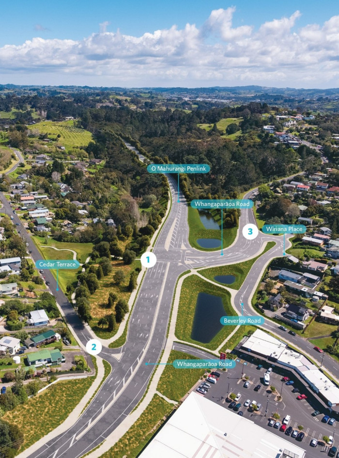 Graphic design visualisation of the new Whangaparāoa intersection. The updated design improves safety and traffic flow.