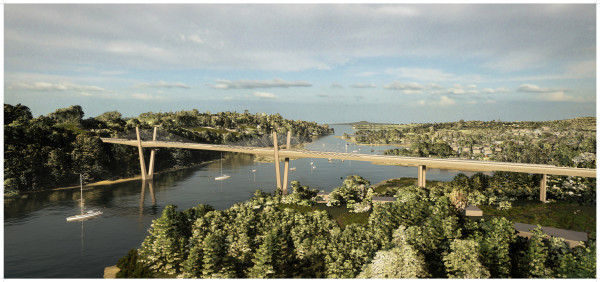 Wēiti River Bridge visualisation by graphic artist. The bridge connects Stillwater to Whangaparāoa.