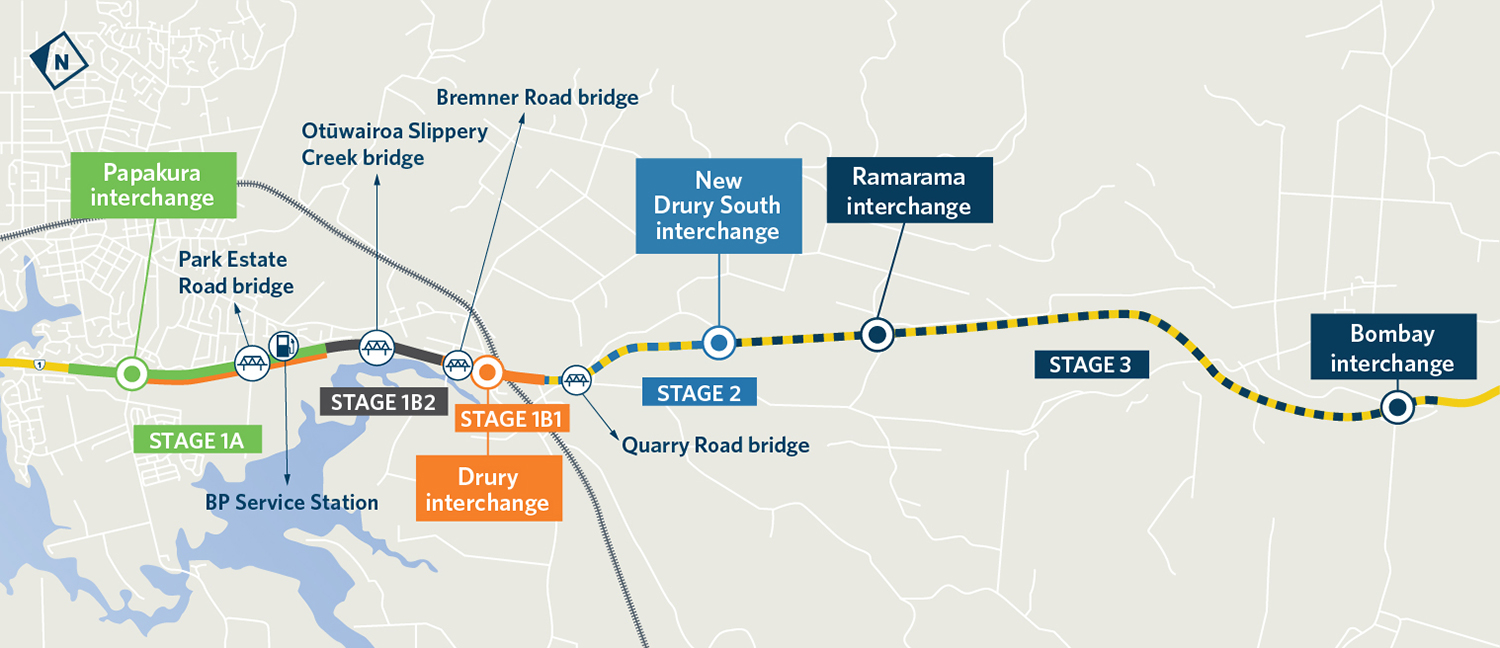 Map of the project route from Papakura interchange to Bombay interchange