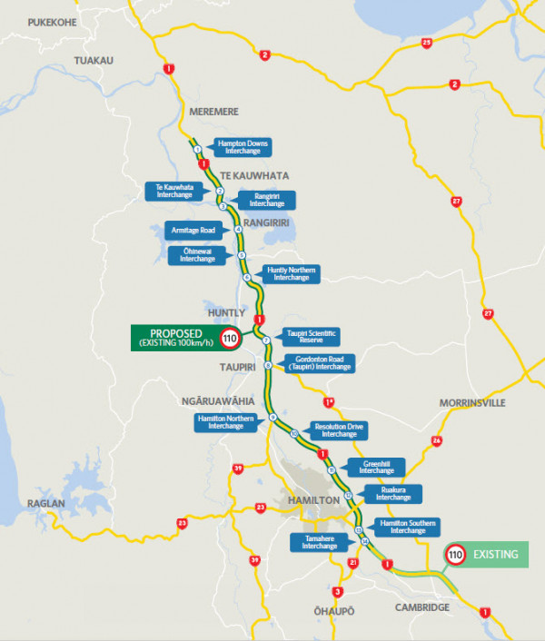 Map showing the proposed speed limit changes along SH1 between Hampton Downs and Tamahere. 