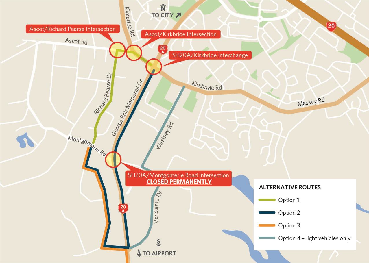 Map showing alternative routes for Montgomerie Road.