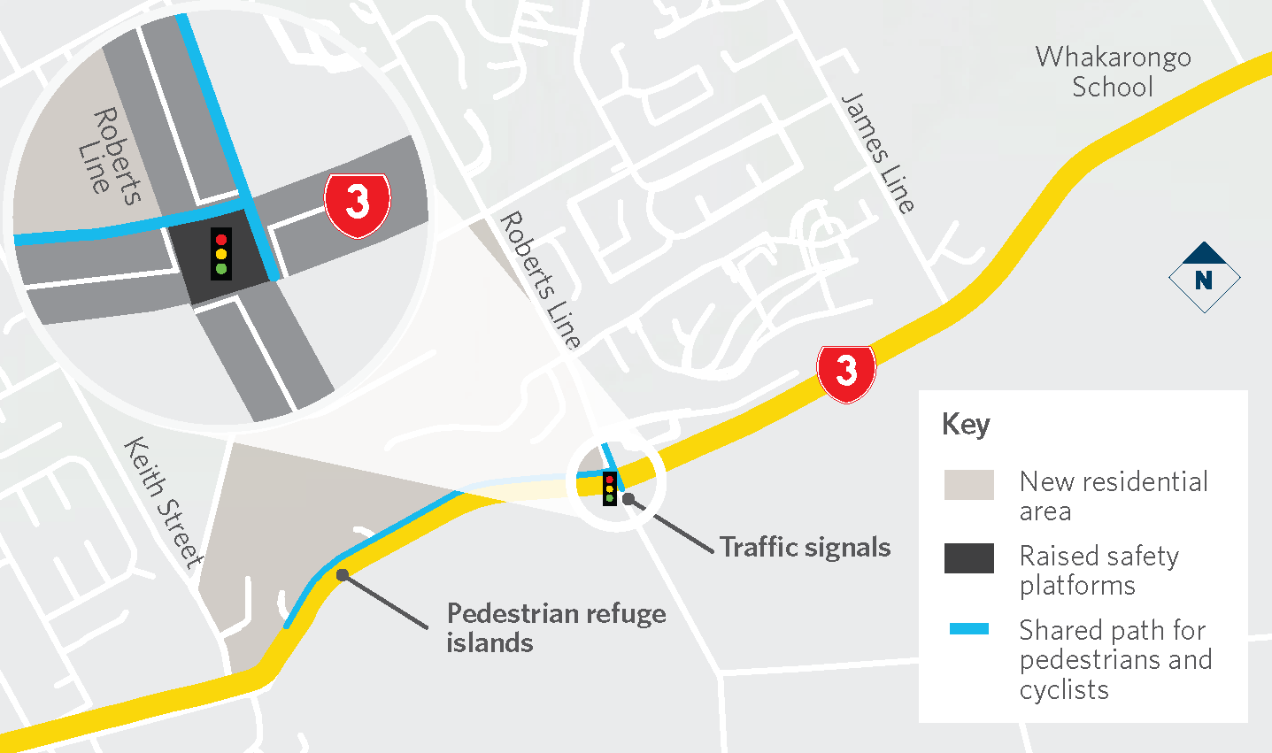Map showing location of proposed new traffic lights, shared path, raised safety platforms and pedestrian refuge island along SH3 between Roberts Line and Keith Street.