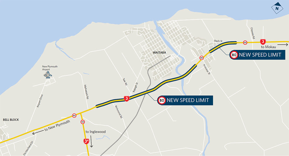 Map showing new speed limits on SH3 between Waitara and Bell Block