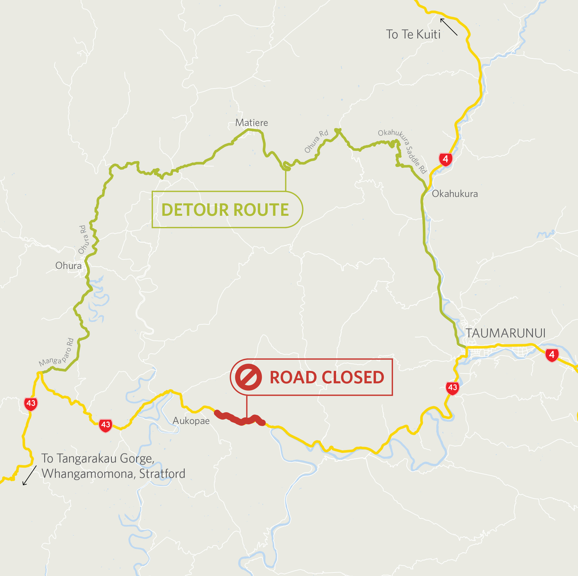 Map showing where the detour route is to bypass the section of State Highway 4 which is closed due to the slip.