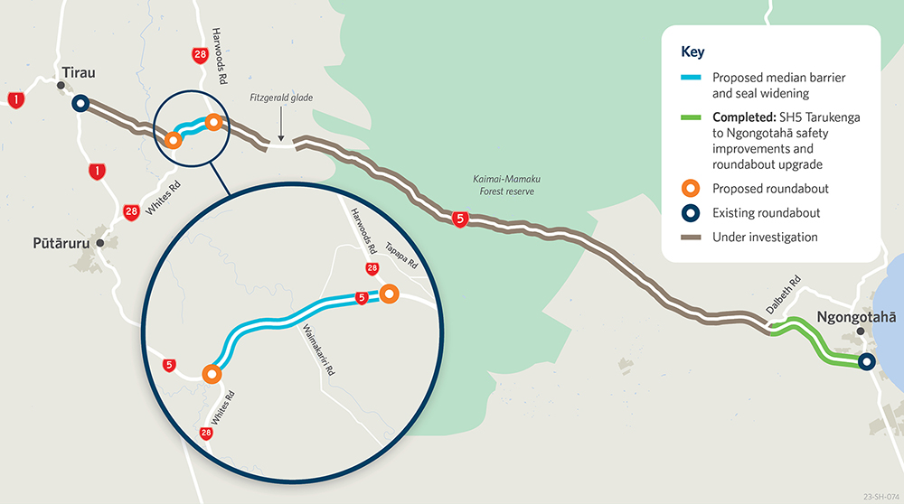 Map showing location of safety improvements along SH5 - including a median barrier and roundabout
