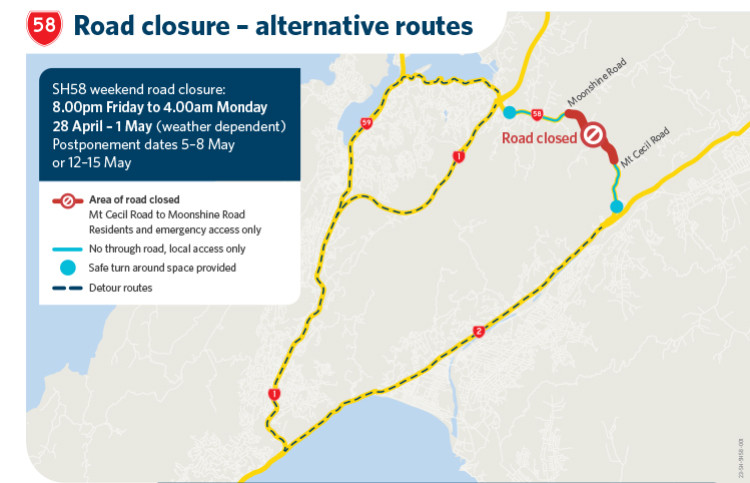 SH58 Road closure with SH1 and SH 2 being the alternative routes