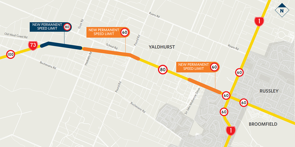 Map showing new permanent speed limits along SH73 Yaldhurst