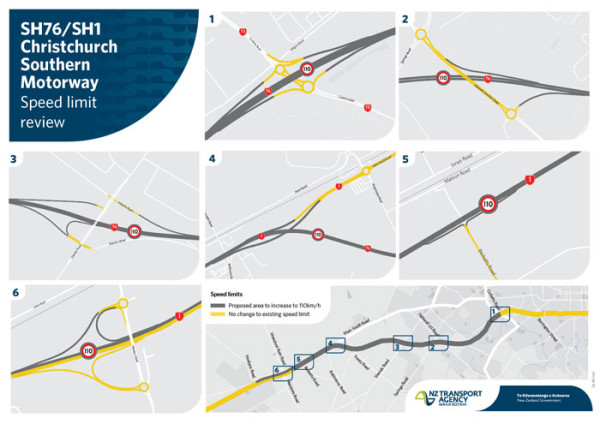 SH76 / SH1 Christchurch Southern Motorway Speed limit review