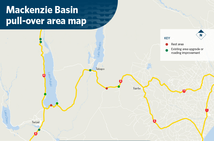 Map with red and green dots showing pull overs along the roads.