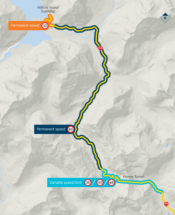 Speed review outcome map showing new speed limits along SH94 between Homer tunnel to Milford Sound