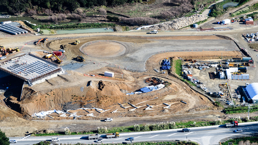 Aerial view of the flyover and one of the interchange roundabouts taking shape.
