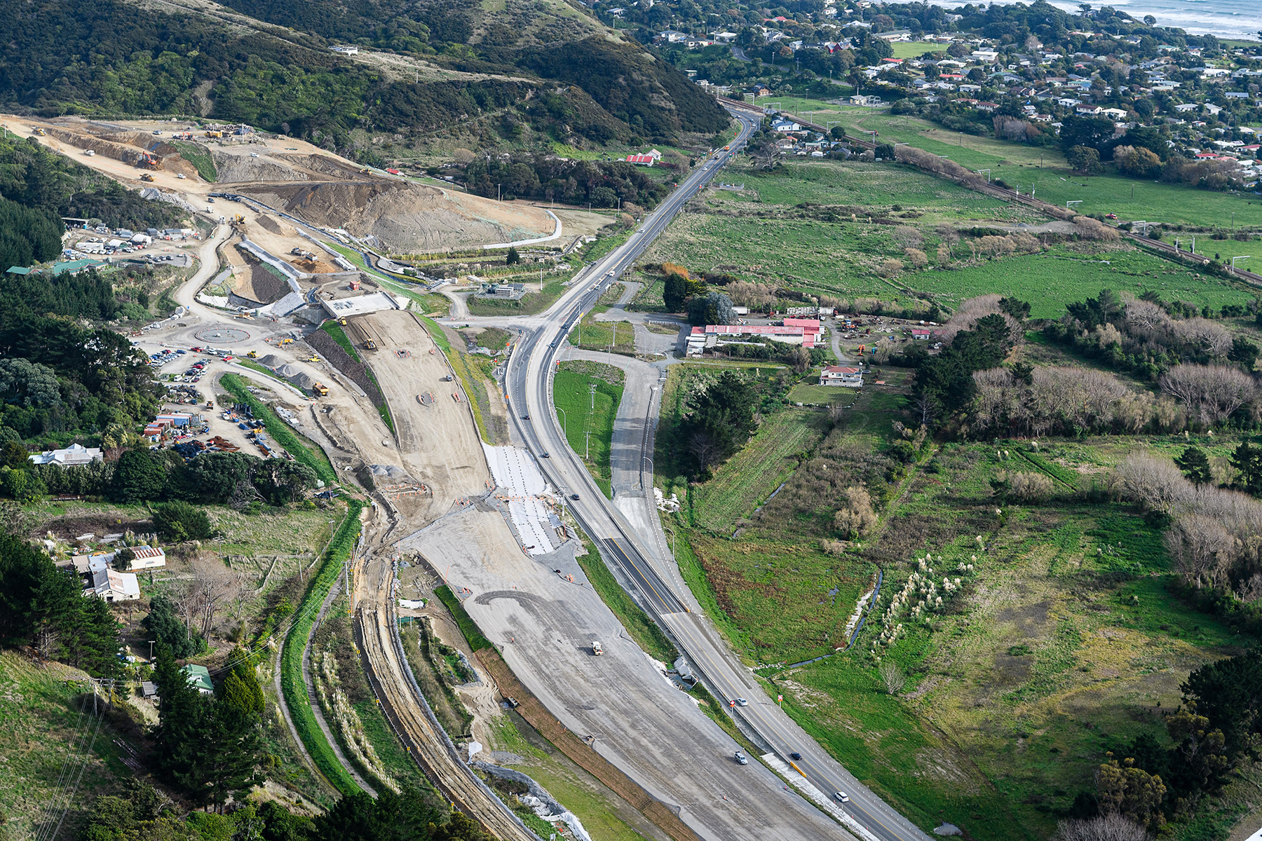 View looking south over Paekakariki with paving works underway.