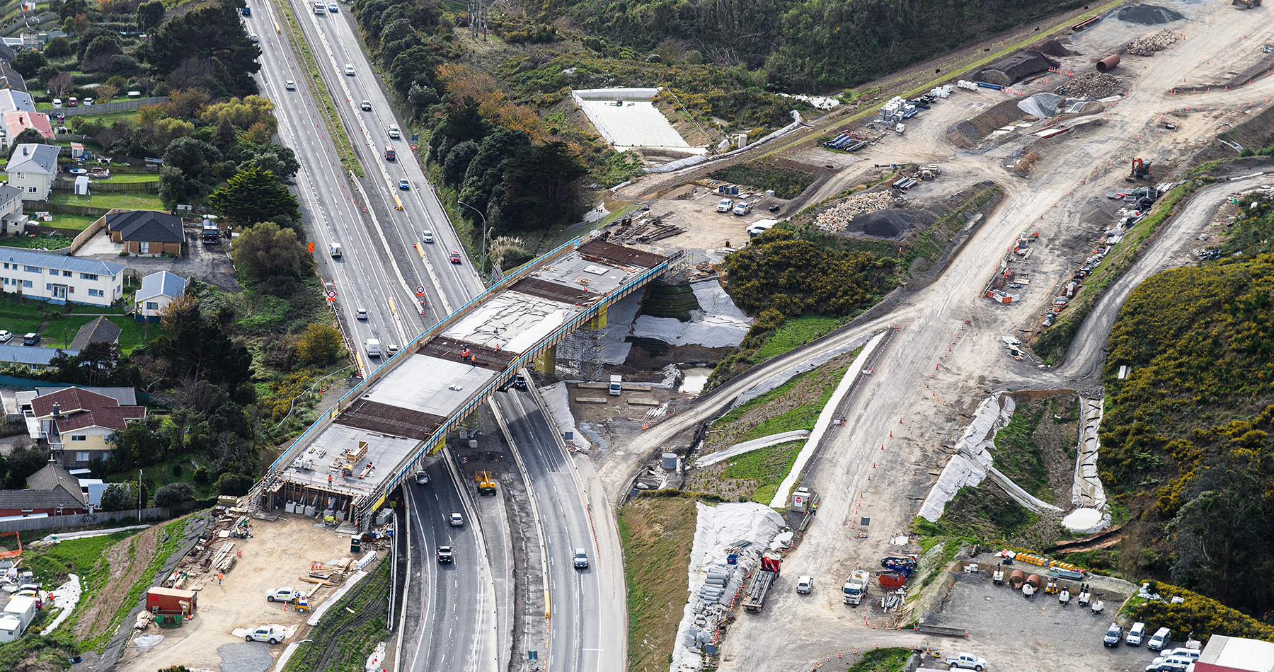 View looking north over the new northbound bridge over SH1 nearing completion.