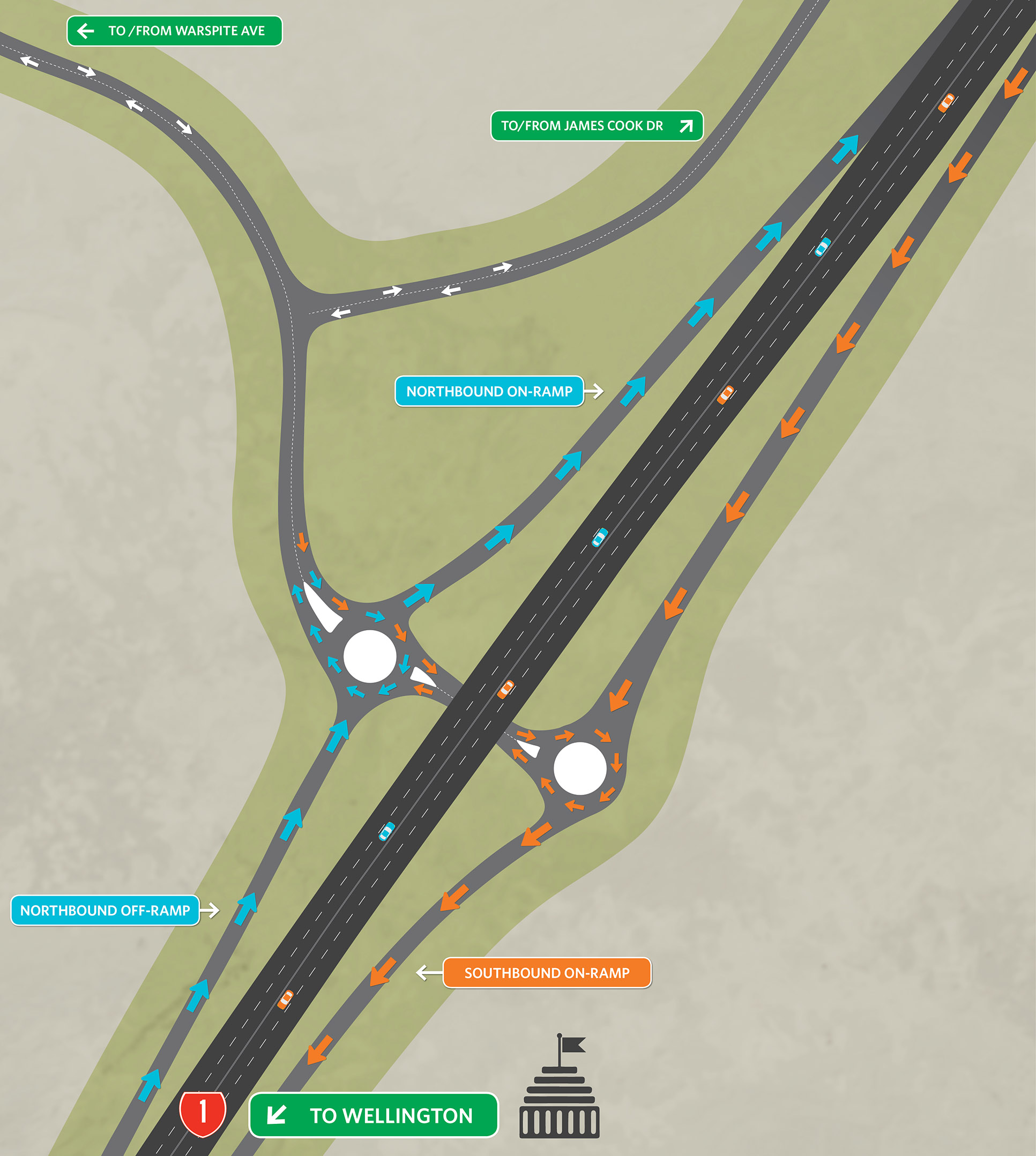 Illustrated map showing the James Cook Interchange map from Warspite Avenue in Waitangirua.