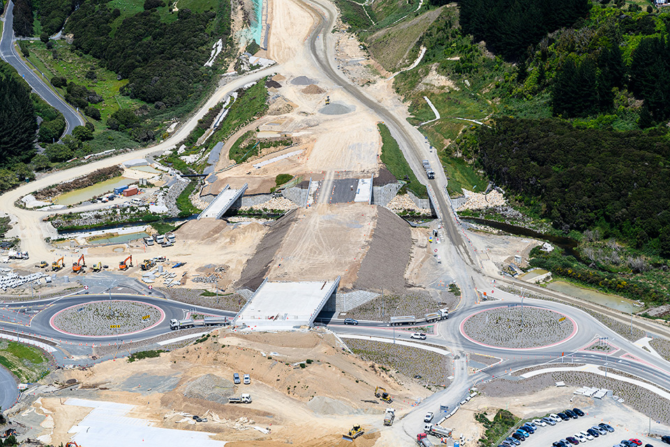 Aerial view of State Highway 58 roundabouts and bridges at Pauatahanui.