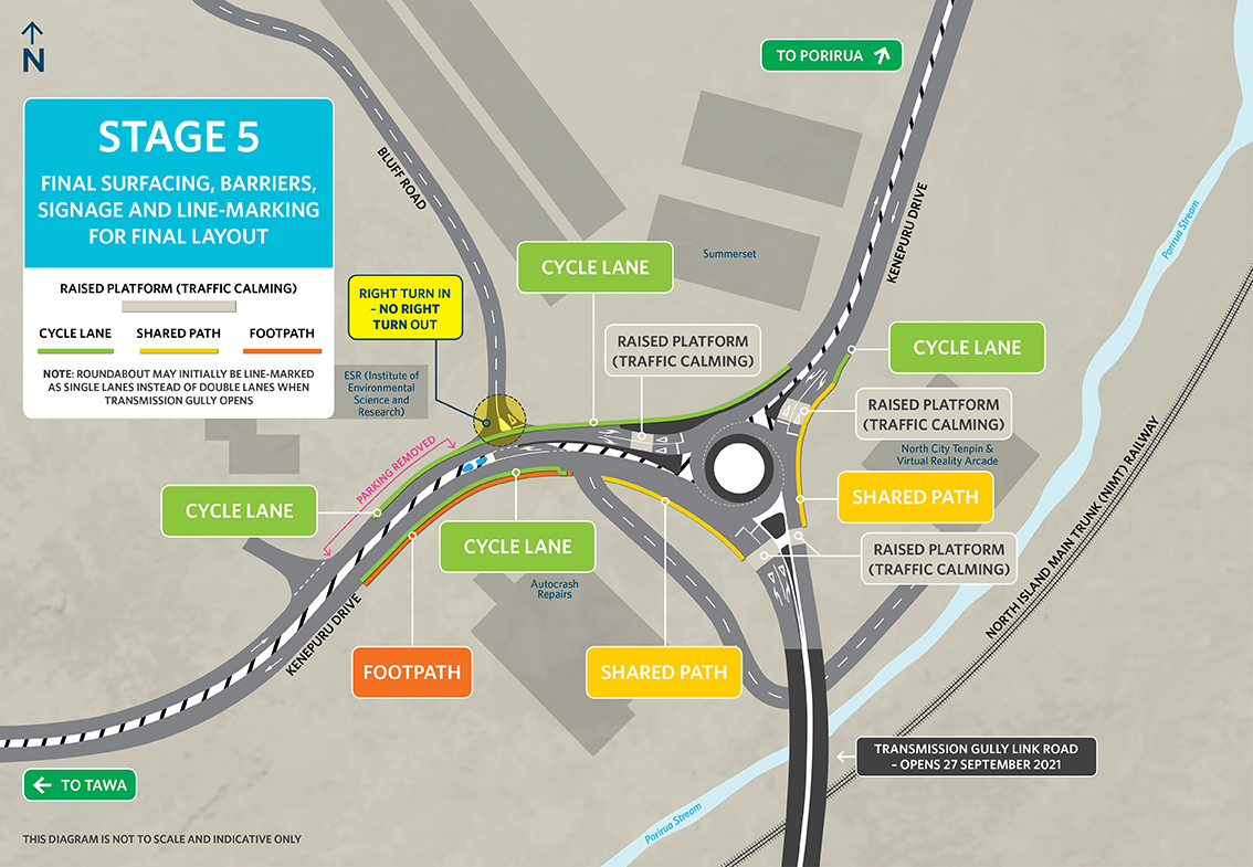 Map on the new roundabout at Kenepuru Interchange with cycle lanes and shared paths visible.