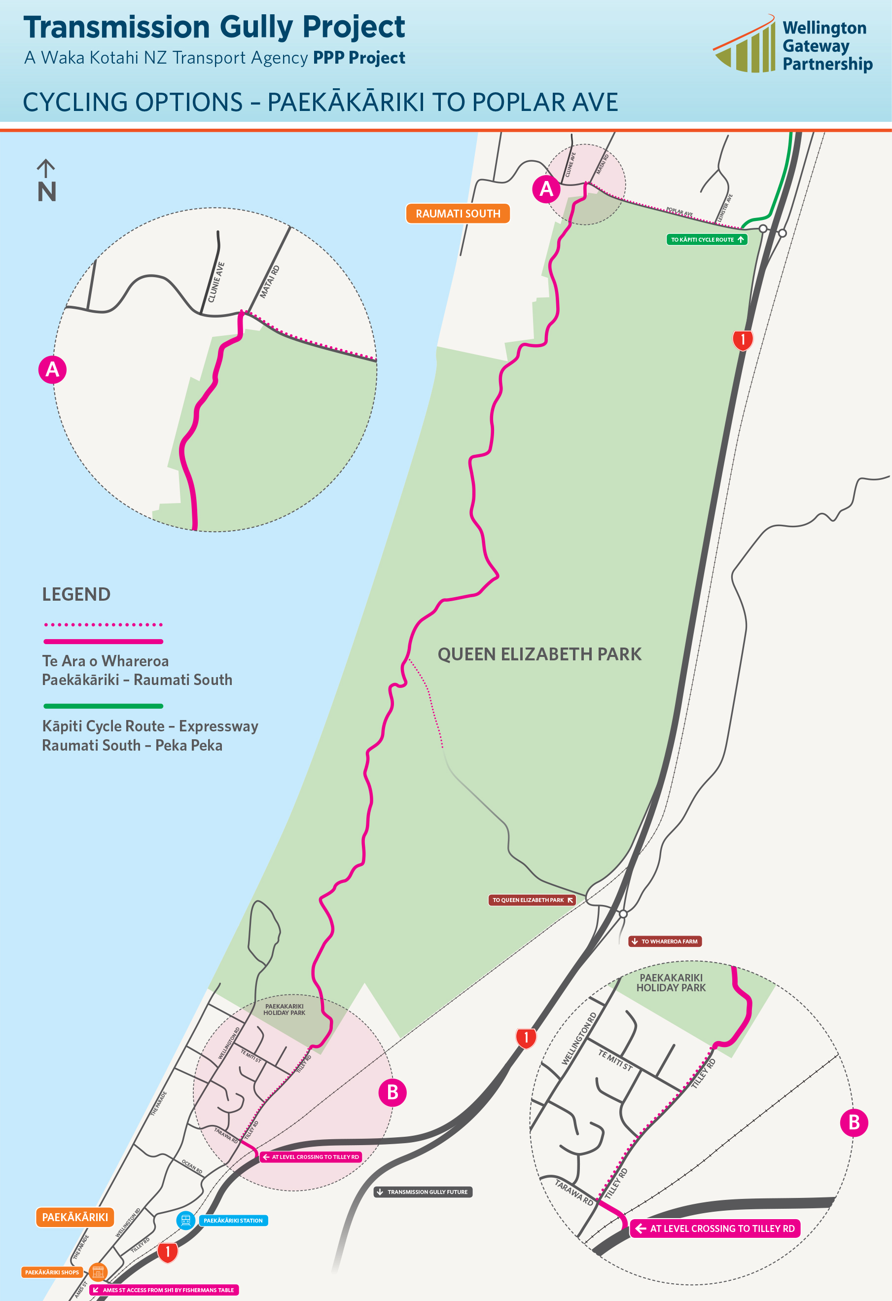 Map showing cycling options between Paekākāriki and Poplar Avenue via Queen Elizabeth Park