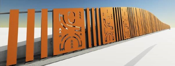 Vertical slats with panels of stylised cut-outs.
