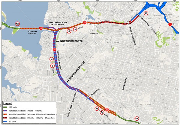 Waterview Tunnel variable speed limits map