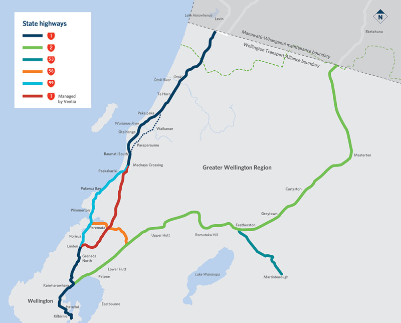 Map showing state highways in the wellington region that are managed by WTA