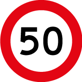 White sign with red border and black 50 in centre.