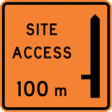 A orange square with a black border and black text reading site access 100 metres. On the right is a black road with a line indicating where to turn in.