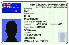 New Zealand driver licence showing the photo side displaying driver identity information.