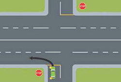 Left turn car is giving way to intersecting traffic with two lanes each way). May be at a ‘T’ or cross-intersection.