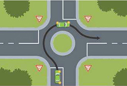 Car at making a right turn at a roundabout, to the third exit.
