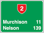 Green information highway sign with a red state highway 2 symbol and it says Murchison 11 and Nelson 139 indicating distance in kilometres to these places