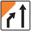 Temporary warning traffic sign has two arrows where left arrow implies the lane is closing and need to merge with the right lane which is indicated by the straight arrow on the right. The sign is partially covered in orange colour.