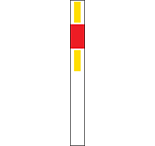 Thin white retangular post with thin yellow strip in the middle of the top half and covered by a red reflective rectangle about one fifth of the way down.