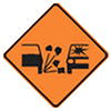 Temporary warning traffic sign has an icon where two cars are seemly passing at opposite directions and gravel stones are loosened and hitting at the other car while passing. The sign has an orange background