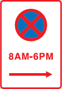 Regulatory traffic sign has a no-stopping symbol indicated by a red circle with a red cross on a blue background and a time indication of eight in the morning to six in the evening. A red arrow is pointing to the right. This combo sign means no stopping during those hours in the direction it’s pointing.