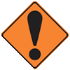 Temporary warning traffic sign has an exclamation mark icon on an orange background