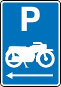 Regulatory traffic sign on a blue background with a letter P, a motorcycle icon, and an arrow pointing left. It means parking area as indicated by the arrow. is limited to motorcycles or mopeds.