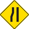 Permanent warning traffic sign showing two lines like an eleven but the first line is wider at the bottom part then straightening up to align with the second line to imply road is narrowing. The sign has a yellow background