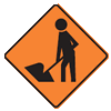 Temporary warning traffic sign has a human figure holding a spade doing some digging, The sign has an orange background.