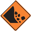 Orange diamond with black border and a black cliff face with falling rocks.